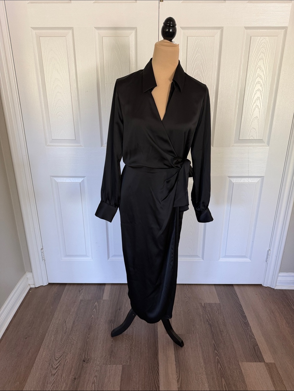 Black Wrap Satin Shirt Dress - Brand: